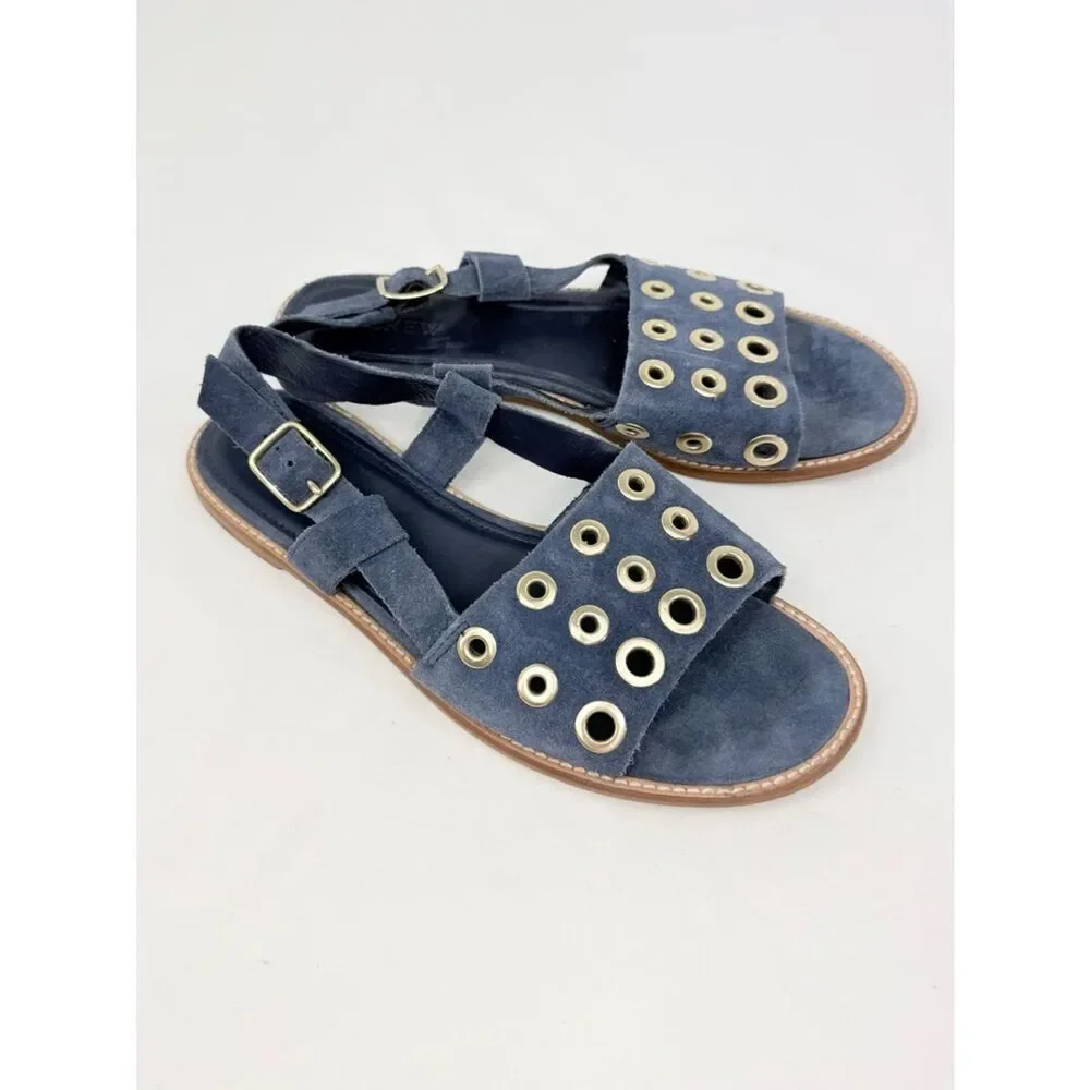 J. Crew Blue Suede Leather Gold Grommet Slingback Nautical Flat Sandals